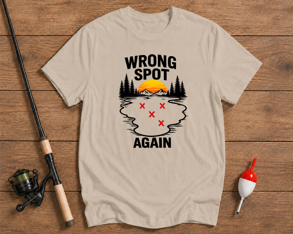 Funny fisherman shirt in sand beige featuring marked fishing locations by Funky Fish Club