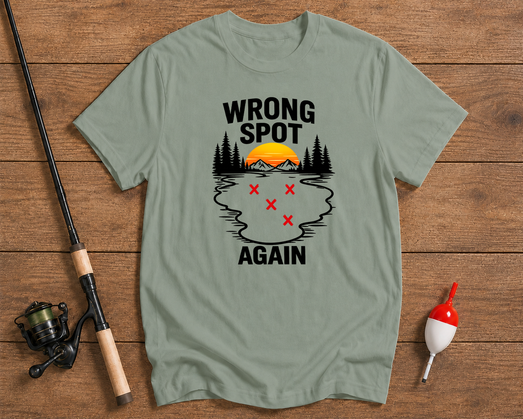 Wrong Spot Again angler t-shirt in seaweed green featuring a fishing map graphic by Funky Fish Club
