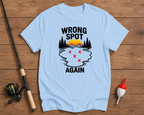 Funny fishing t-shirt in sky blue featuring a wrong fishing spot graphic by Funky Fish Club