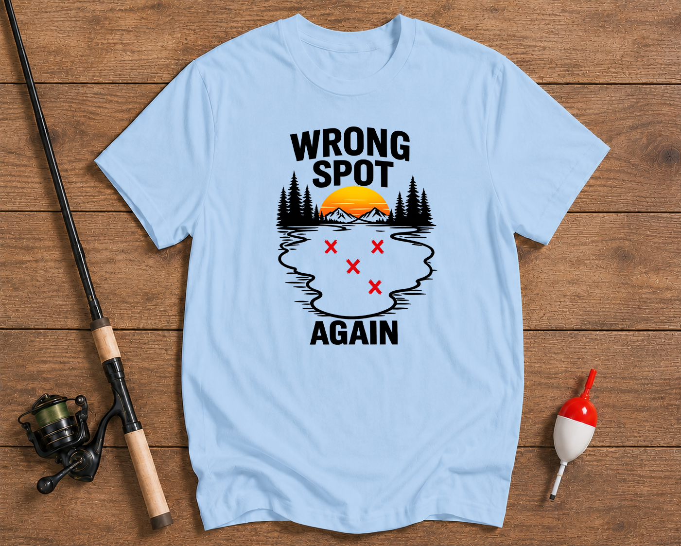 Funny fishing t-shirt in sky blue featuring a wrong fishing spot graphic by Funky Fish Club