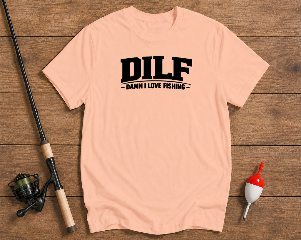 DILF funny fishing t-shirt in salmon color by Funky Fish Club